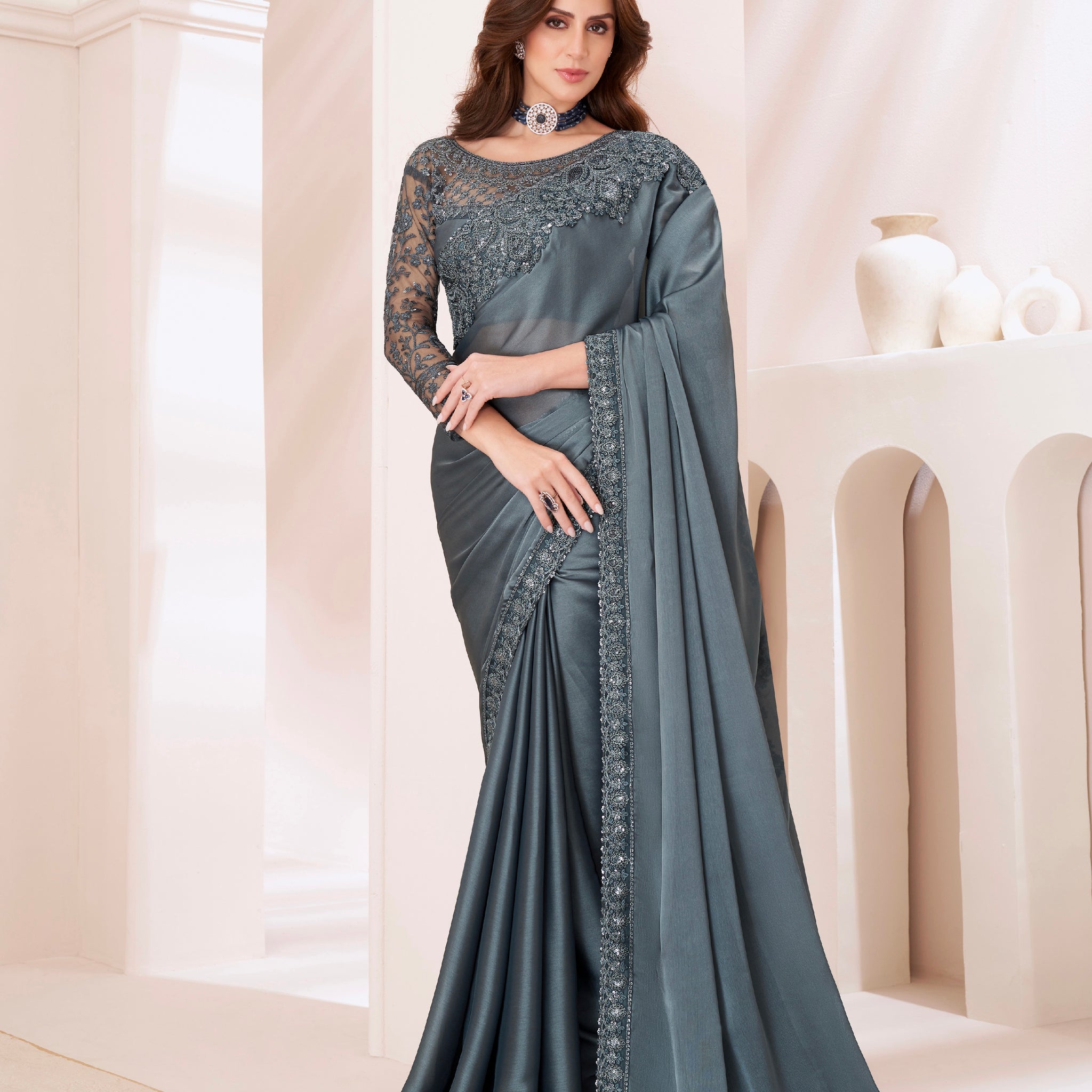 Grey Majestic Satin Georgette Saree with Banglori Silk Blouse