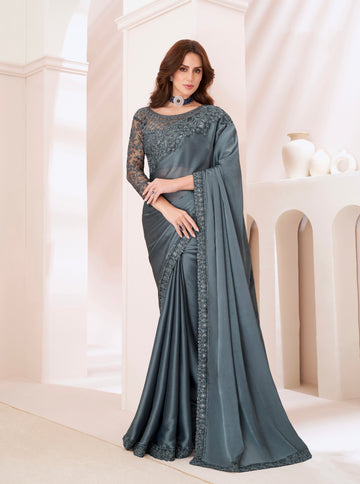 Grey Majestic Satin Georgette Saree with Banglori Silk Blouse