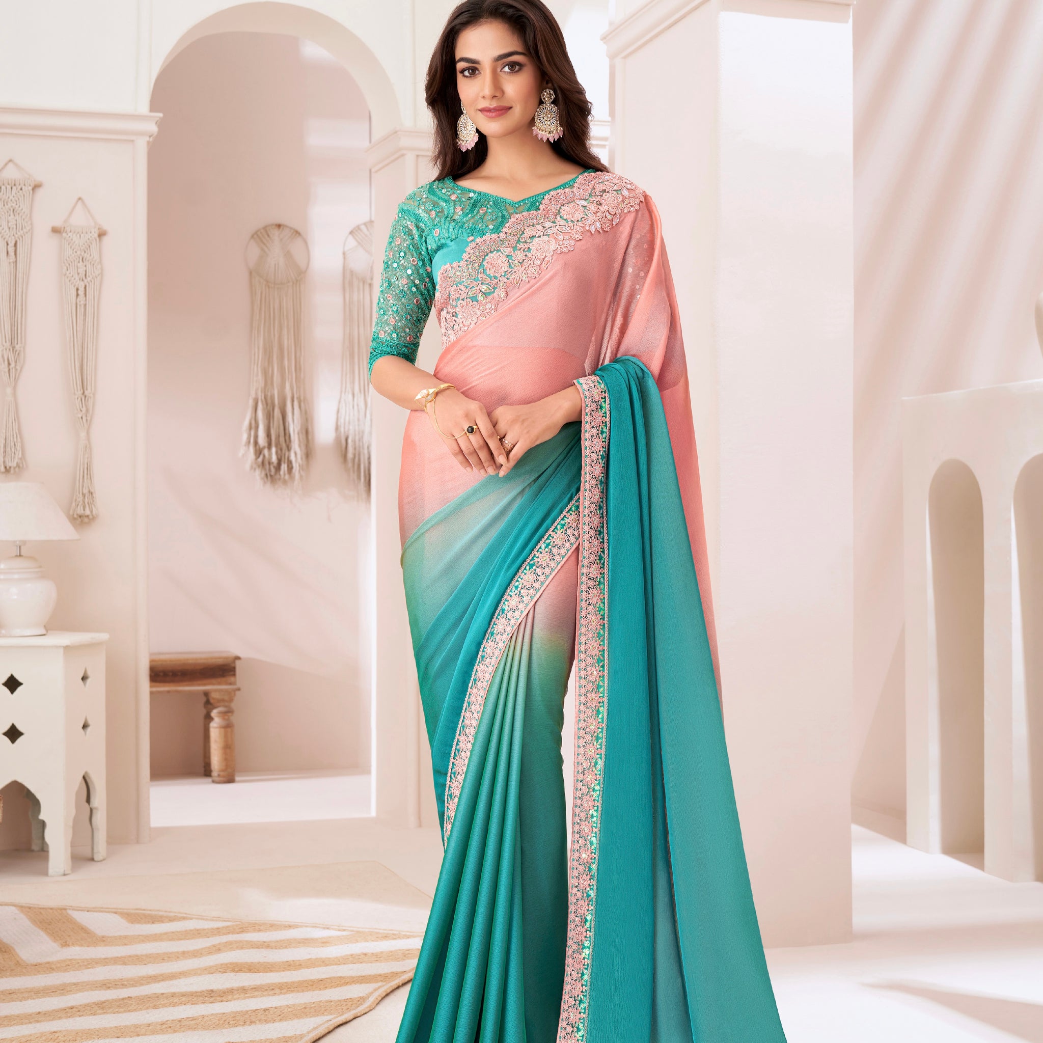 Turquoise and Pink Shaded Chiffon Saree with Banglori Silk Blouse