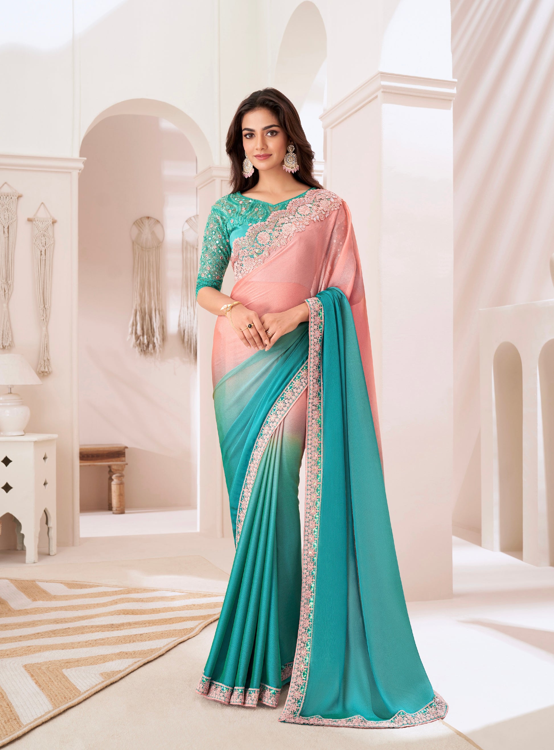 Turquoise and Pink Shaded Chiffon Saree with Banglori Silk Blouse