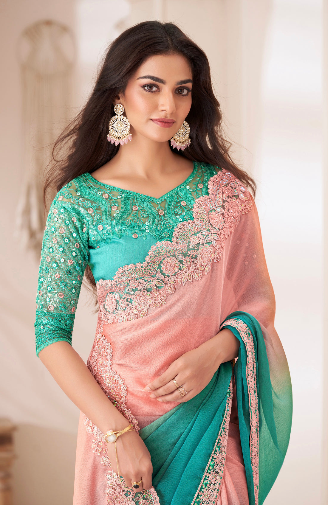 Turquoise and Pink Shaded Chiffon Saree with Banglori Silk Blouse