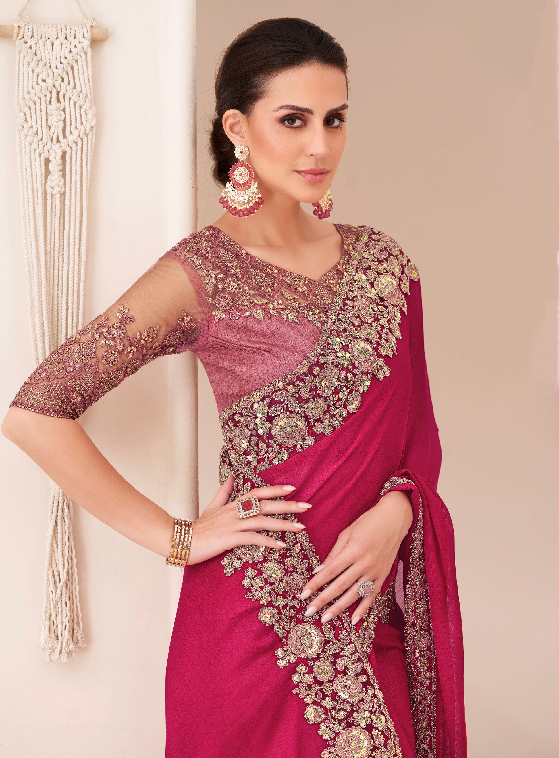 Magenta Cherry Satin Chiffon Saree with Satin Blouse