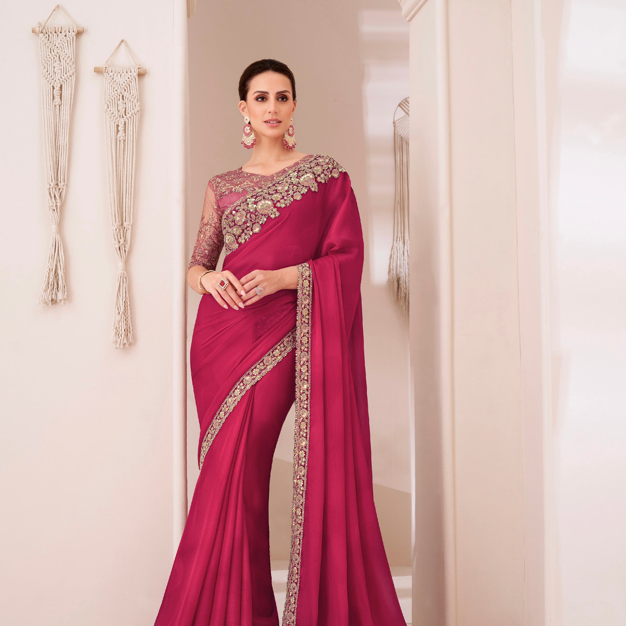 Magenta Cherry Satin Chiffon Saree with Satin Blouse