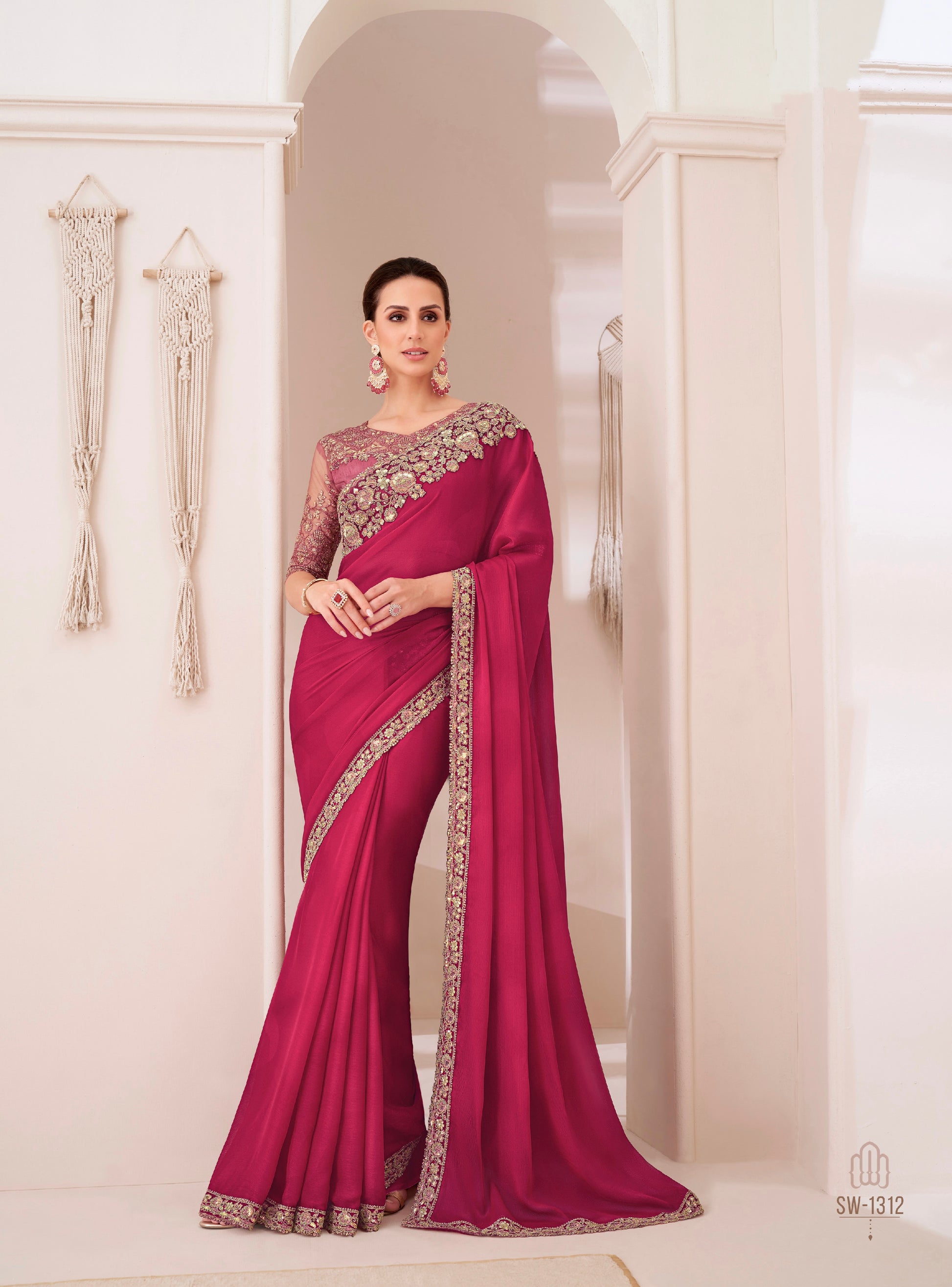 Magenta Cherry Satin Chiffon Saree with Satin Blouse