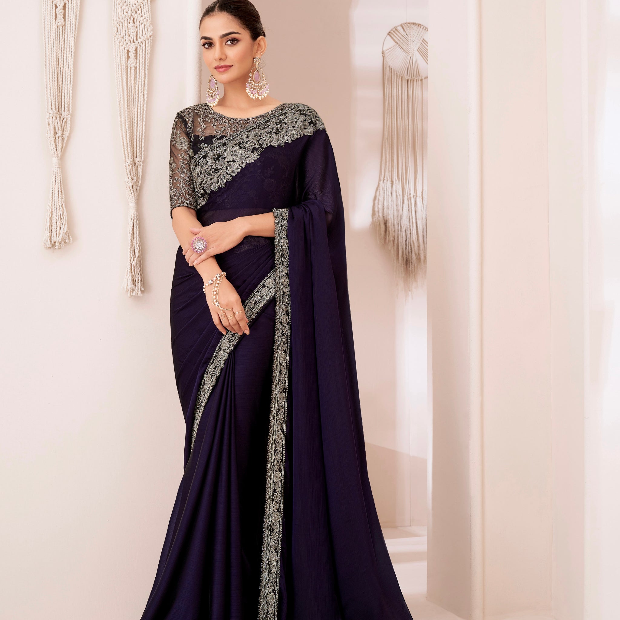 Wine Georgette Chiffon Saree with Chiffon Silk Blouse