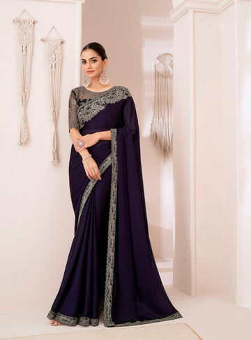 Wine Georgette Chiffon Saree with Chiffon Silk Blouse