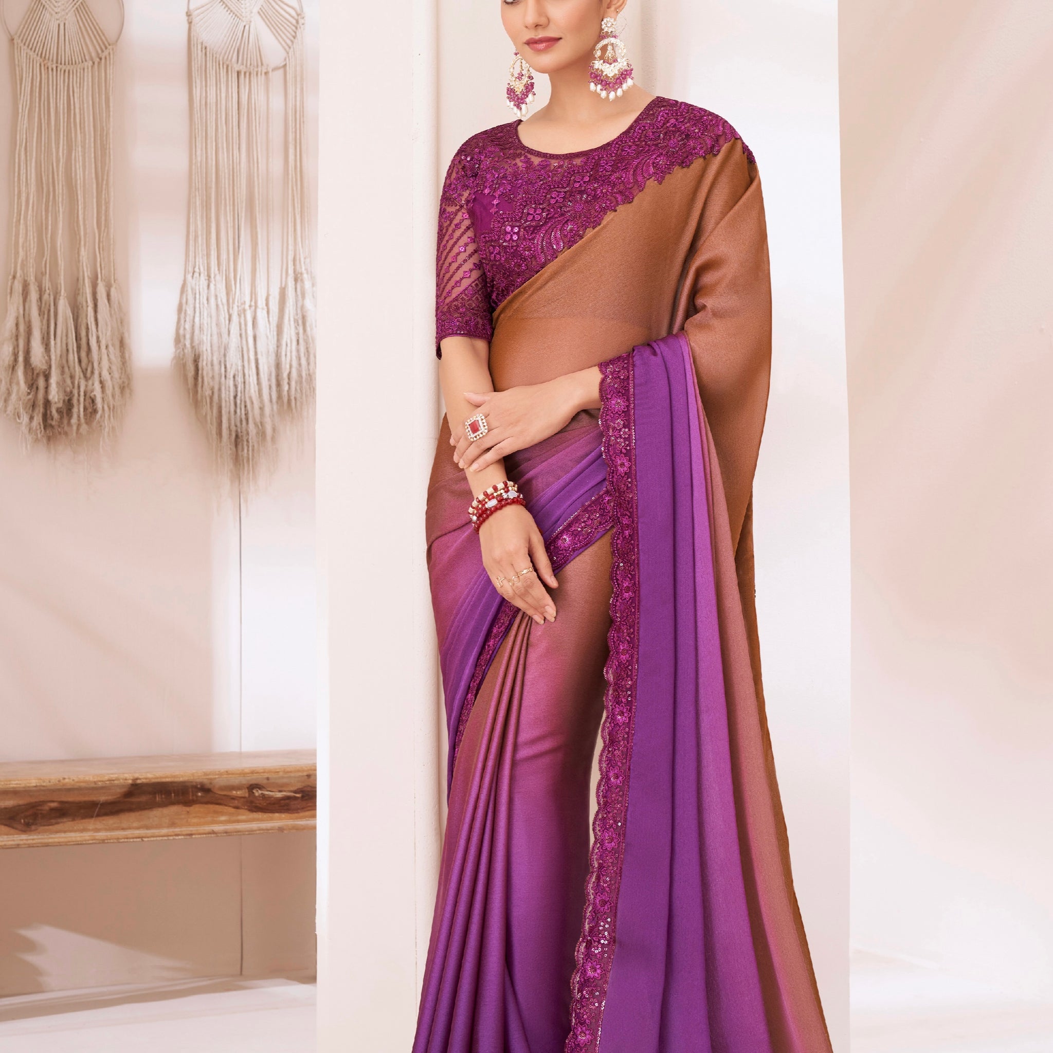 Bronze Shaded Chiffon Saree with Banglori Silk Blouse