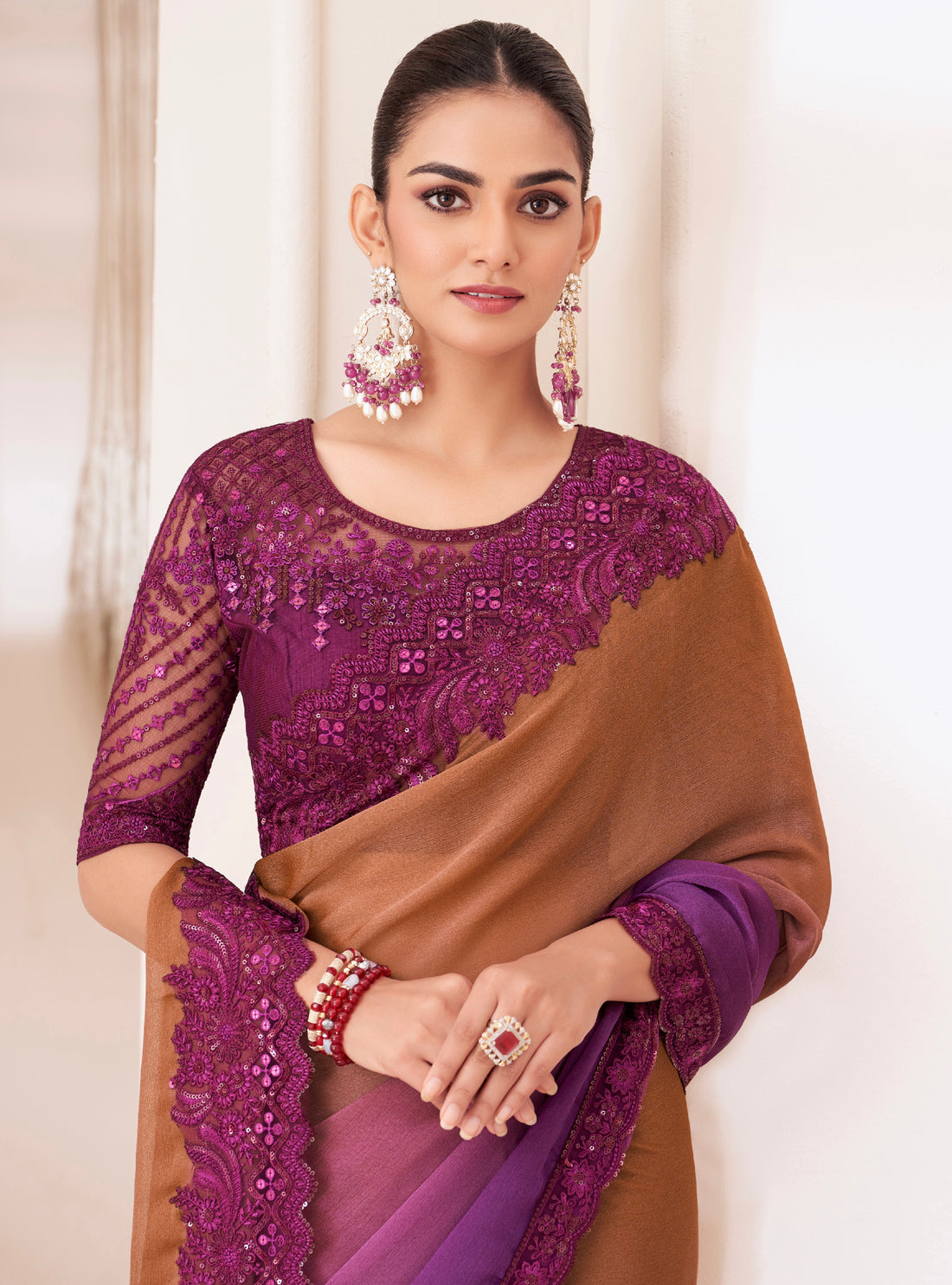 Bronze Shaded Chiffon Saree with Banglori Silk Blouse