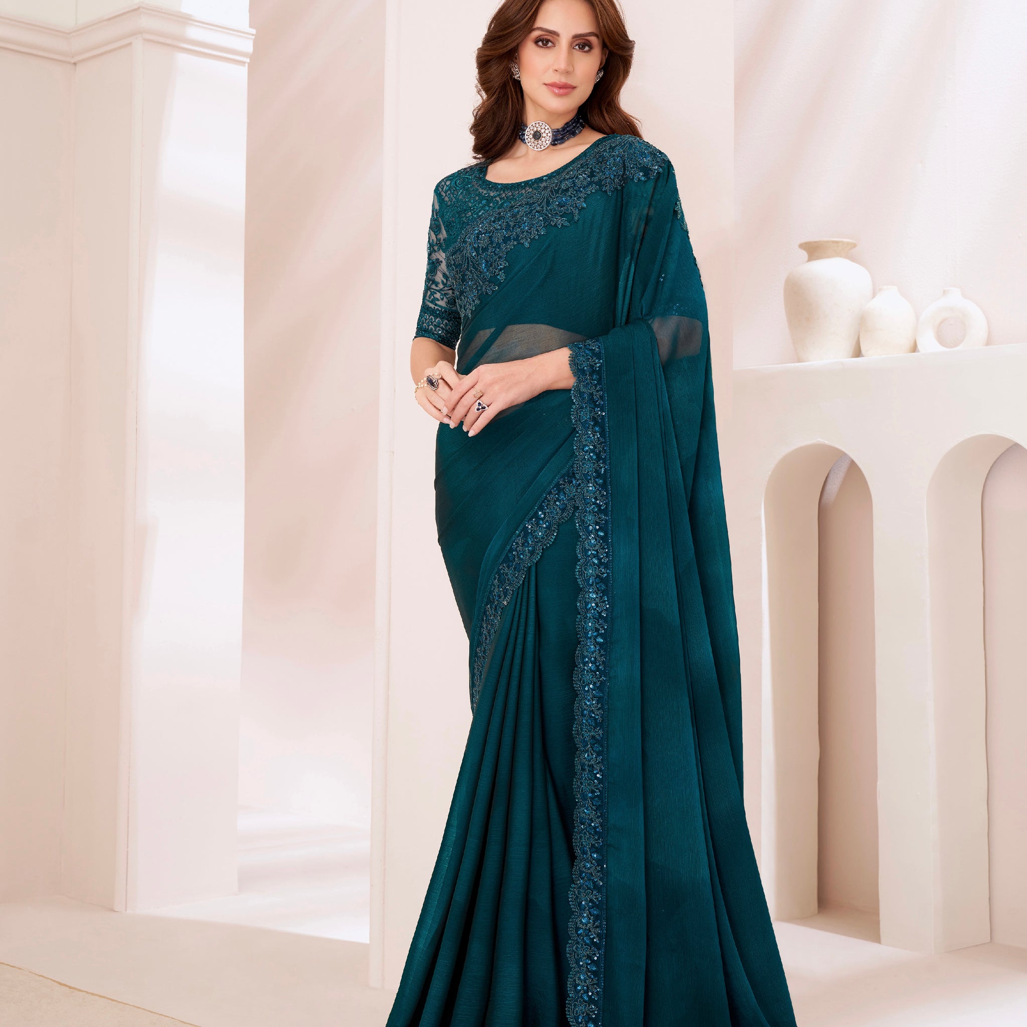 Teal Green Blossom Silver Chiffon Saree with Banglori Silk Blouse