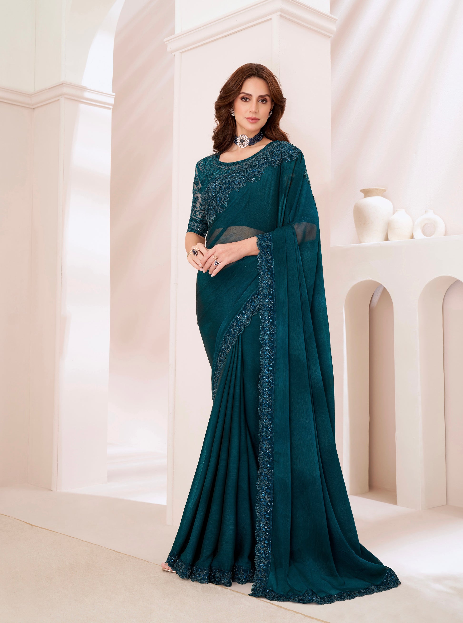 Teal Green Blossom Silver Chiffon Saree with Banglori Silk Blouse