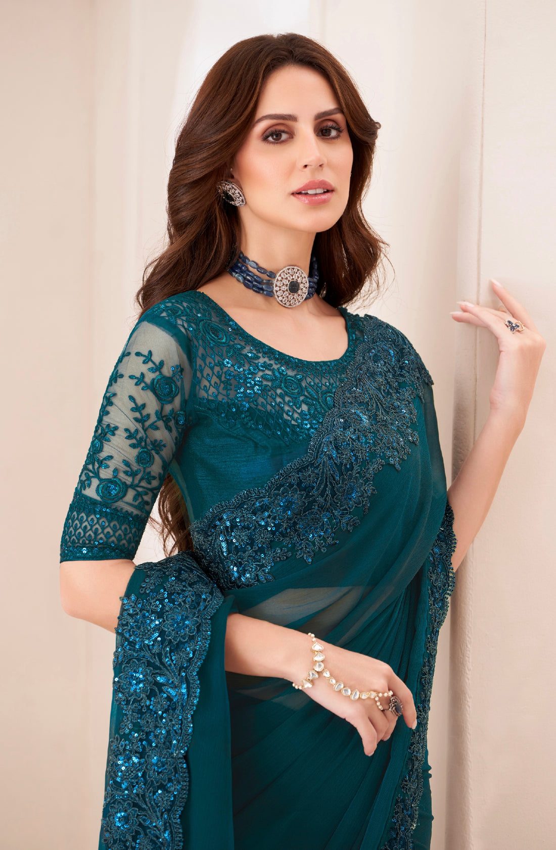 Teal Green Blossom Silver Chiffon Saree with Banglori Silk Blouse