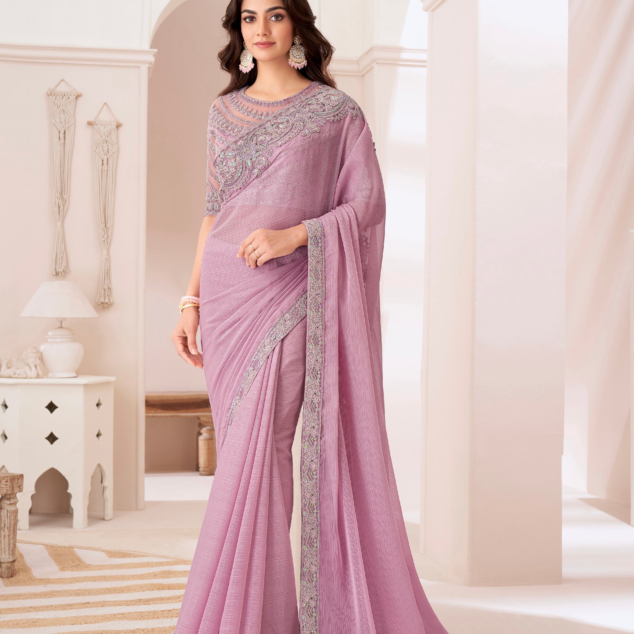 Light Pink Gold Jari Satin Georgette Saree with Banglori Silk Blouse