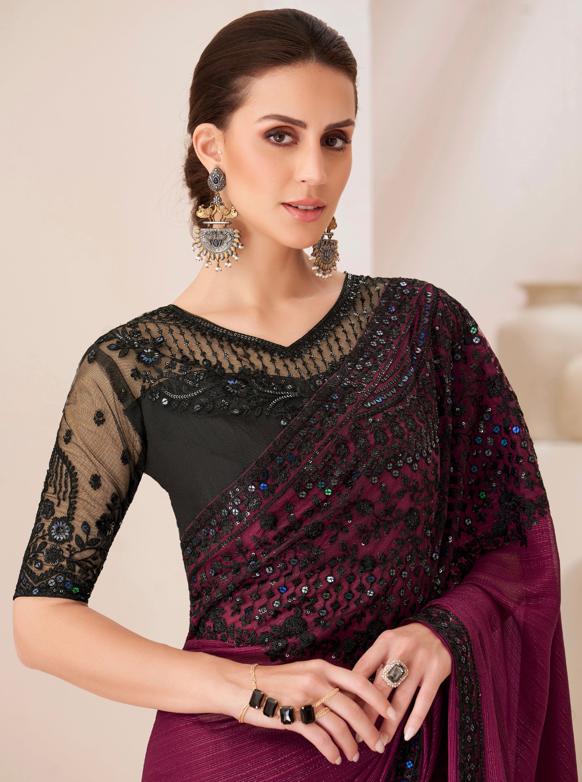 Plum Rich-Feel Georgette Chiffon Saree with Banglori Silk Blouse