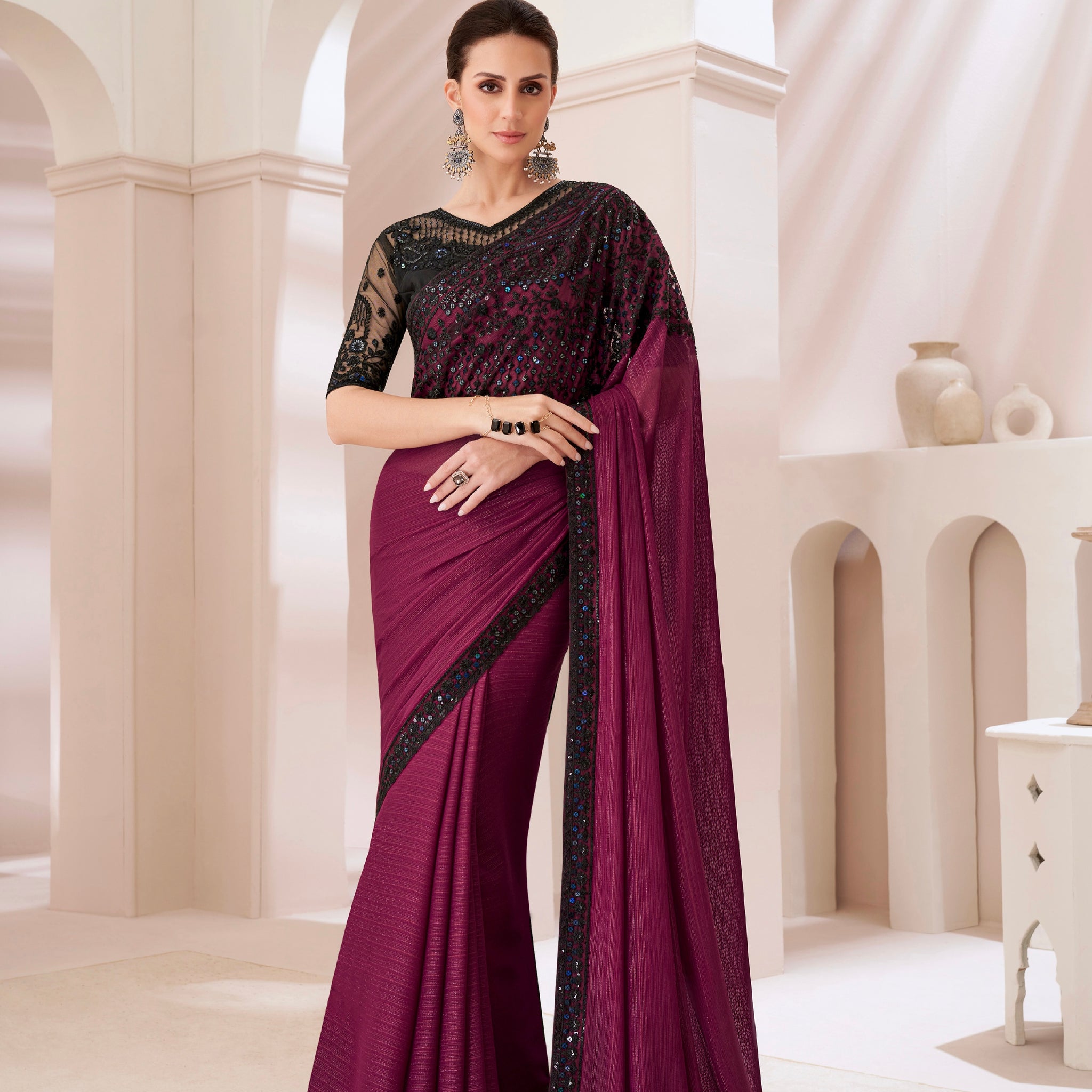 Plum Rich-Feel Georgette Chiffon Saree with Banglori Silk Blouse