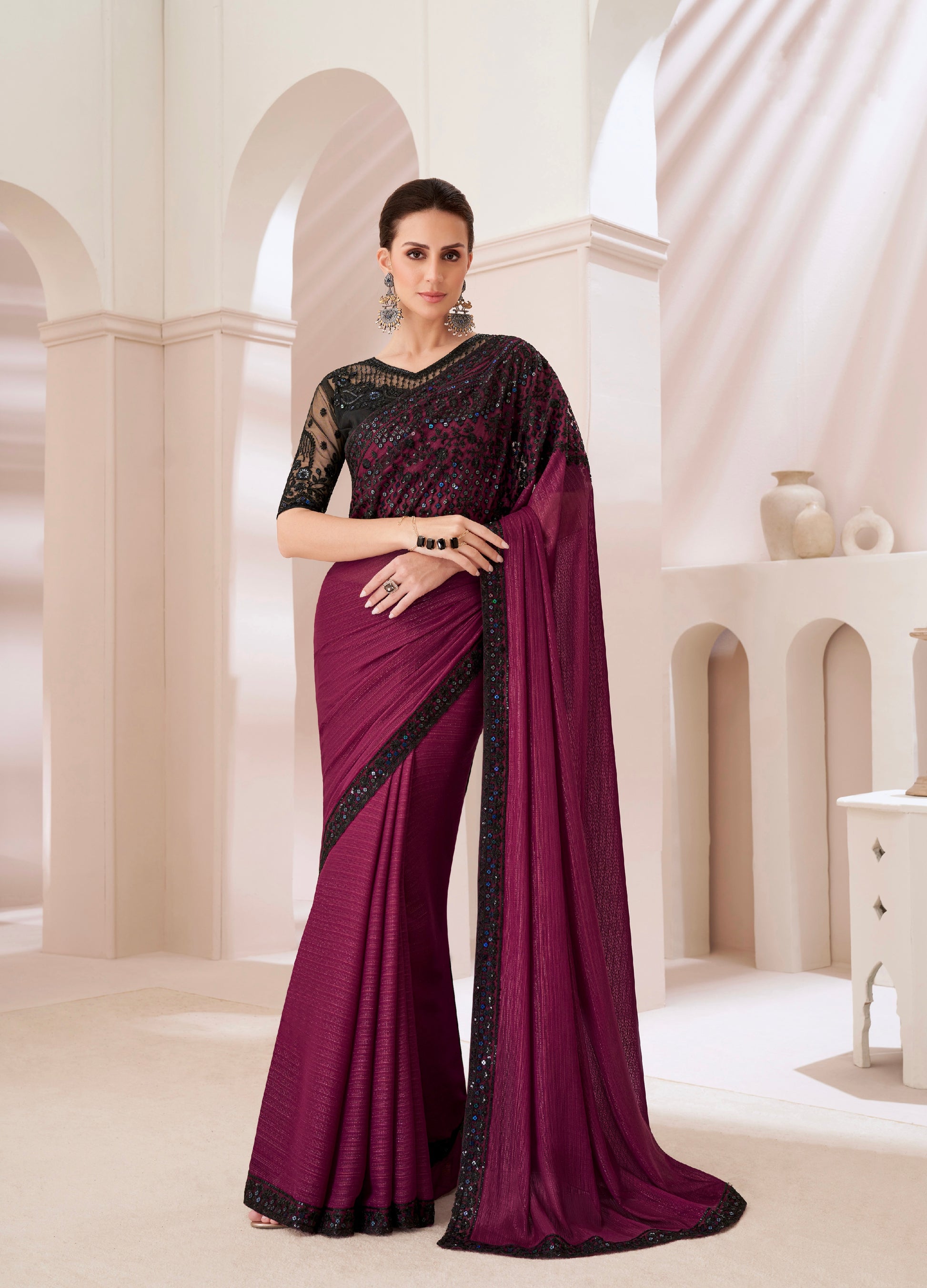 Plum Rich-Feel Georgette Chiffon Saree with Banglori Silk Blouse