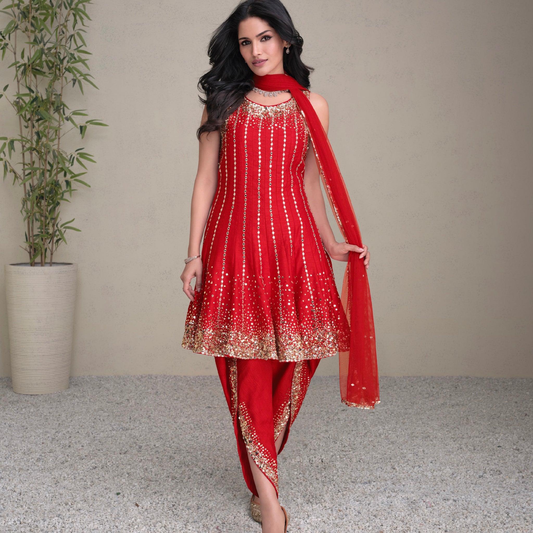 Red Premium Silk Anarkali Suit with Golden Embroidery