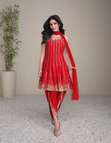 Red Premium Silk Anarkali Suit with Golden Embroidery