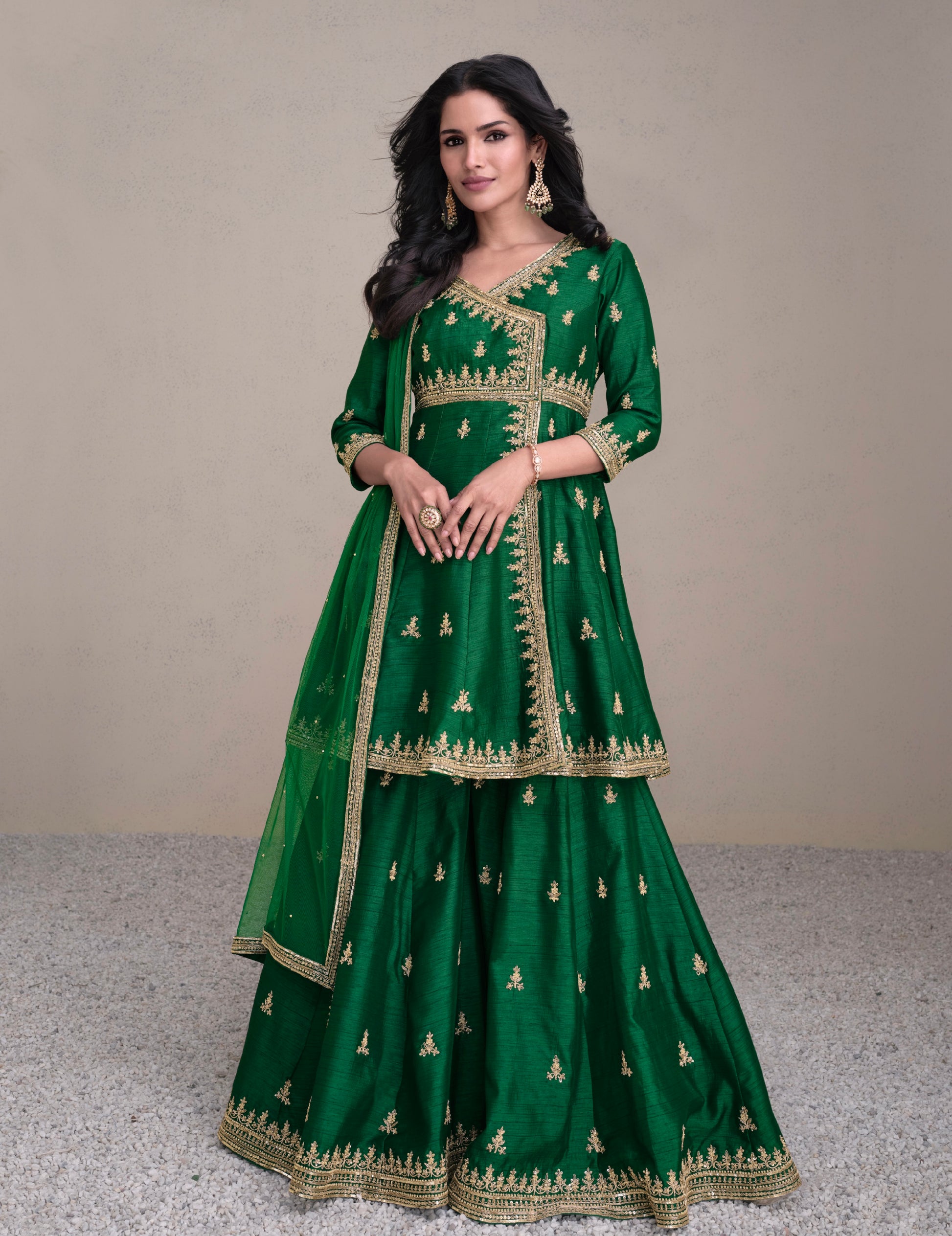 Green Premium Silk Sharara Suit with Golden Embroidery