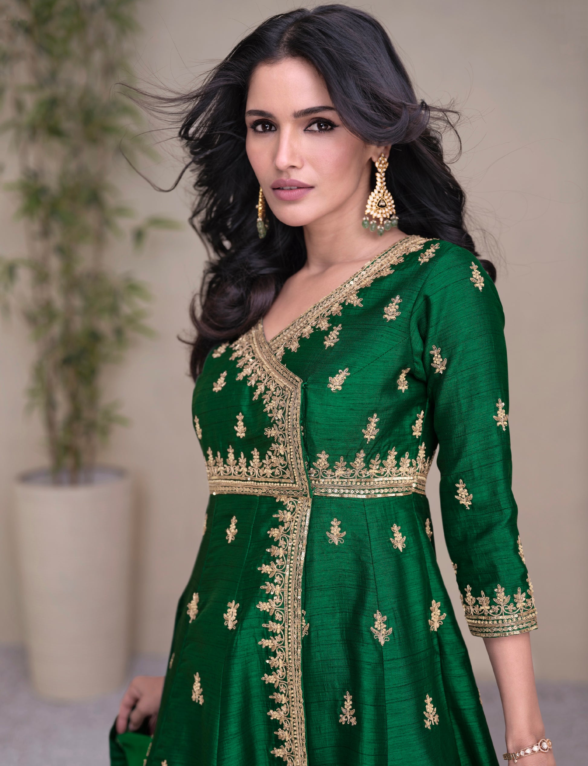 Green Premium Silk Sharara Suit with Golden Embroidery