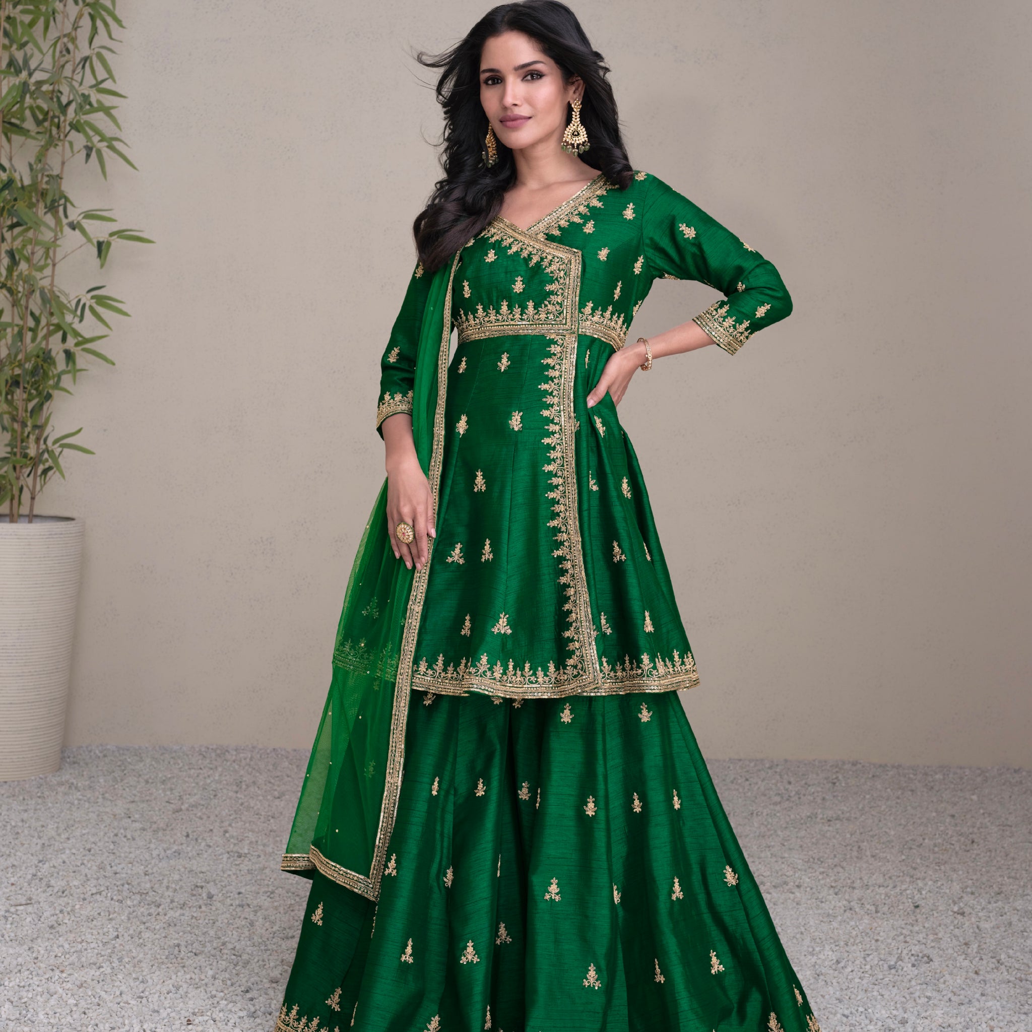 Green Premium Silk Sharara Suit with Golden Embroidery