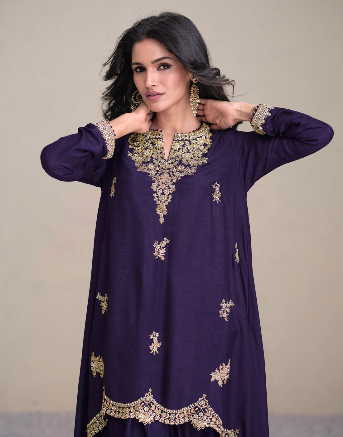 Purple Premium Silk Straight Cut Suit with Golden Embroidery