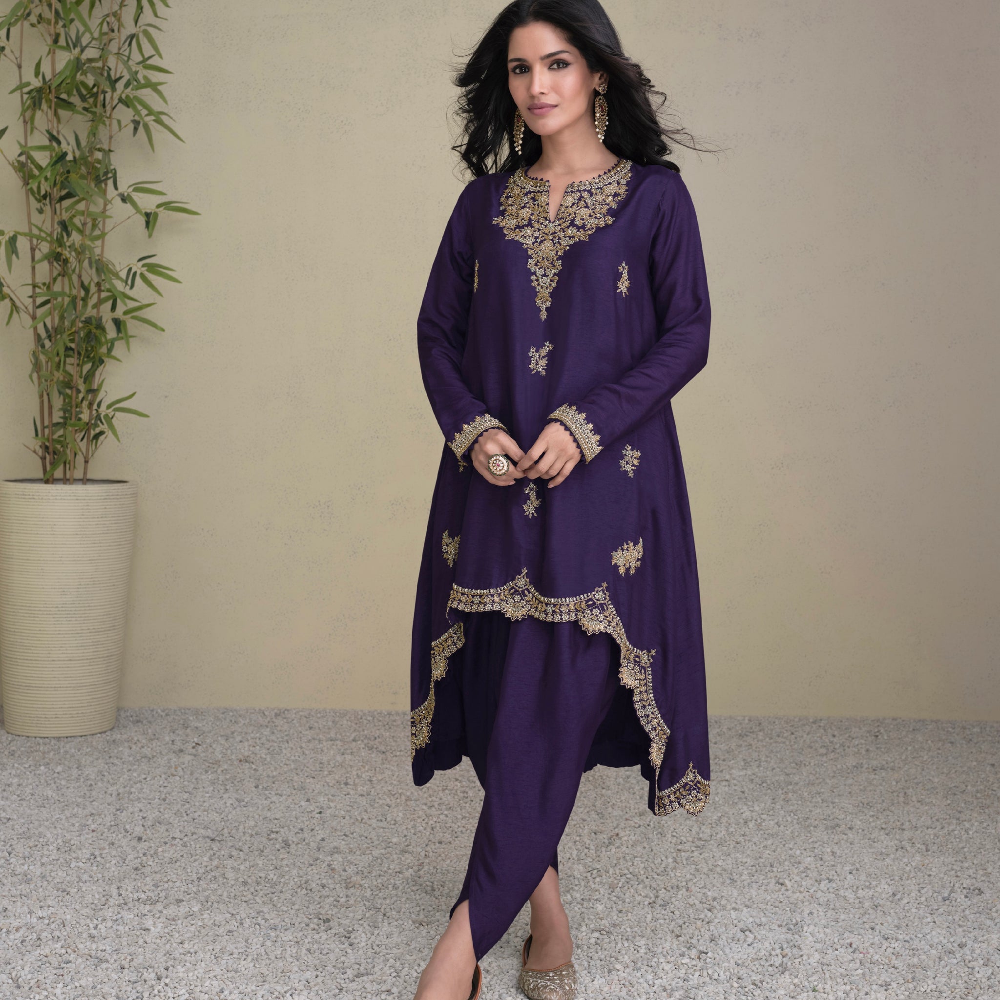 Purple Premium Silk Straight Cut Suit with Golden Embroidery