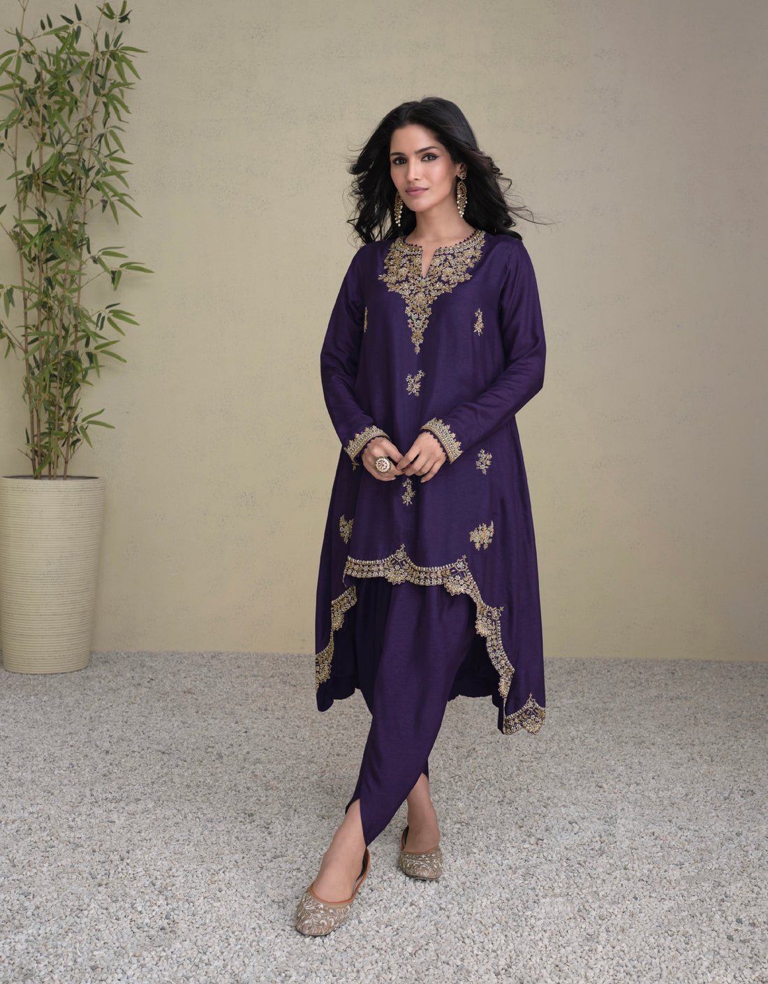 Purple Premium Silk Straight Cut Suit with Golden Embroidery