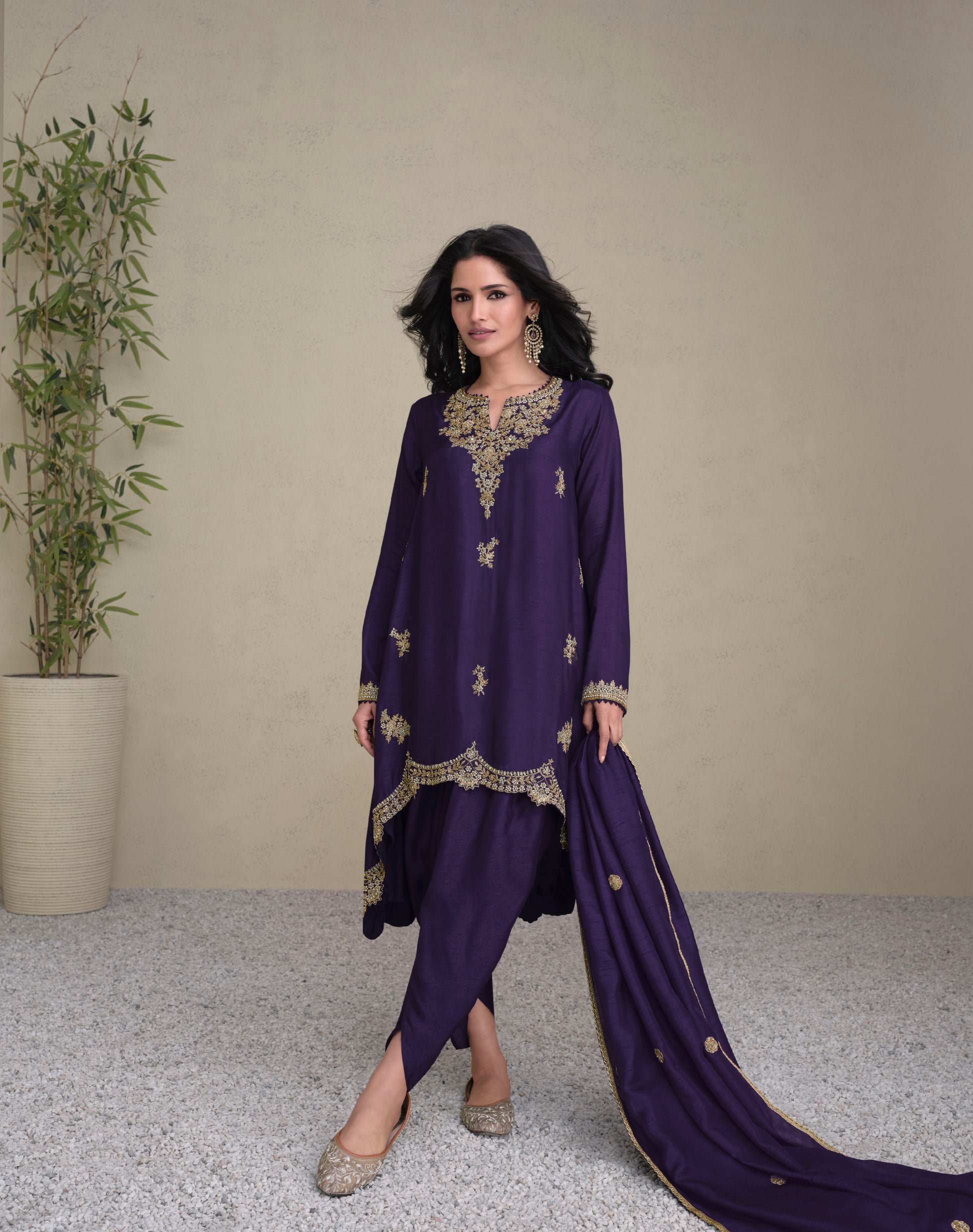 Purple Premium Silk Straight Cut Suit with Golden Embroidery