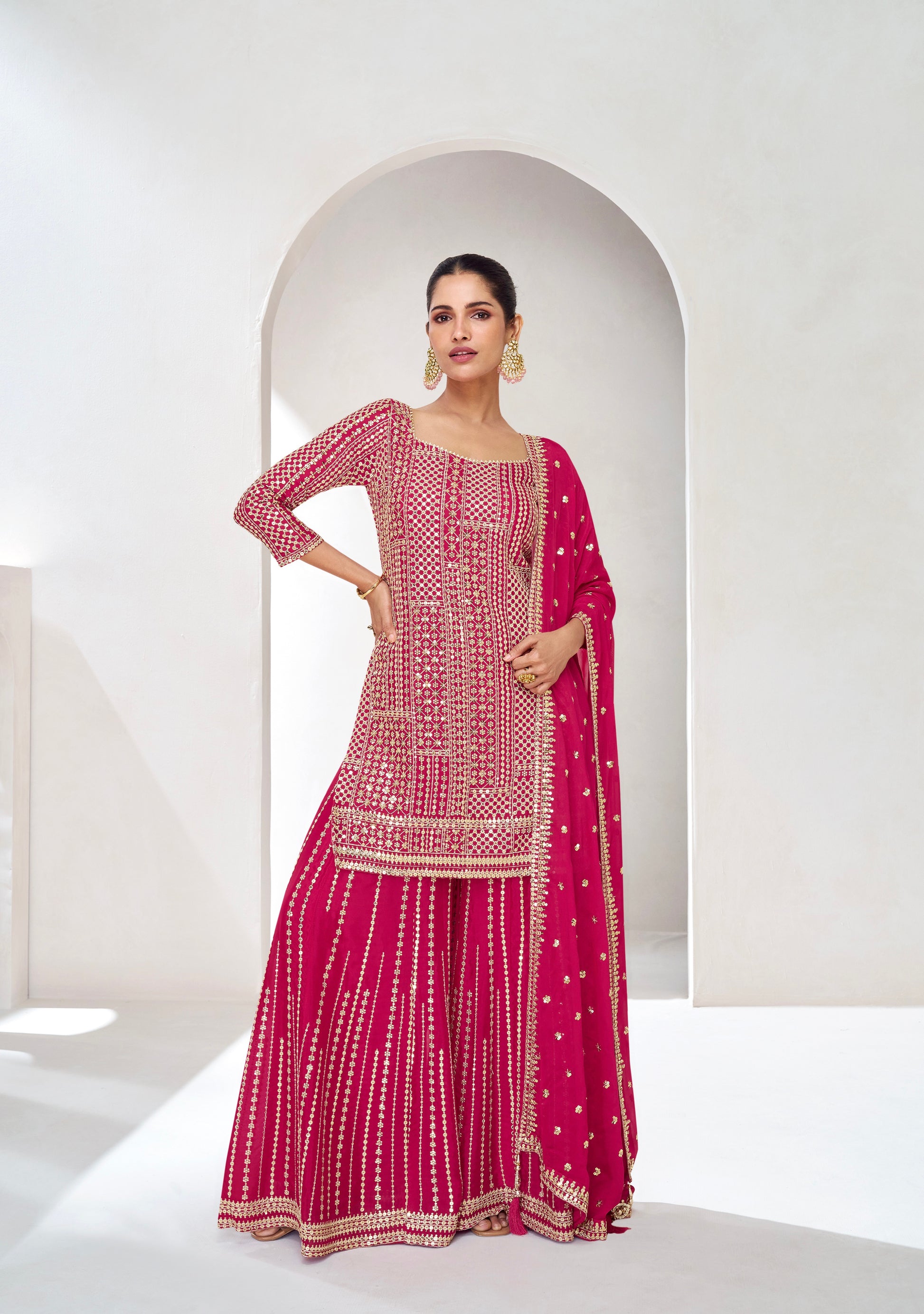 Rani Pink Embroidered Premium Chinnon Silk Sharara Suit