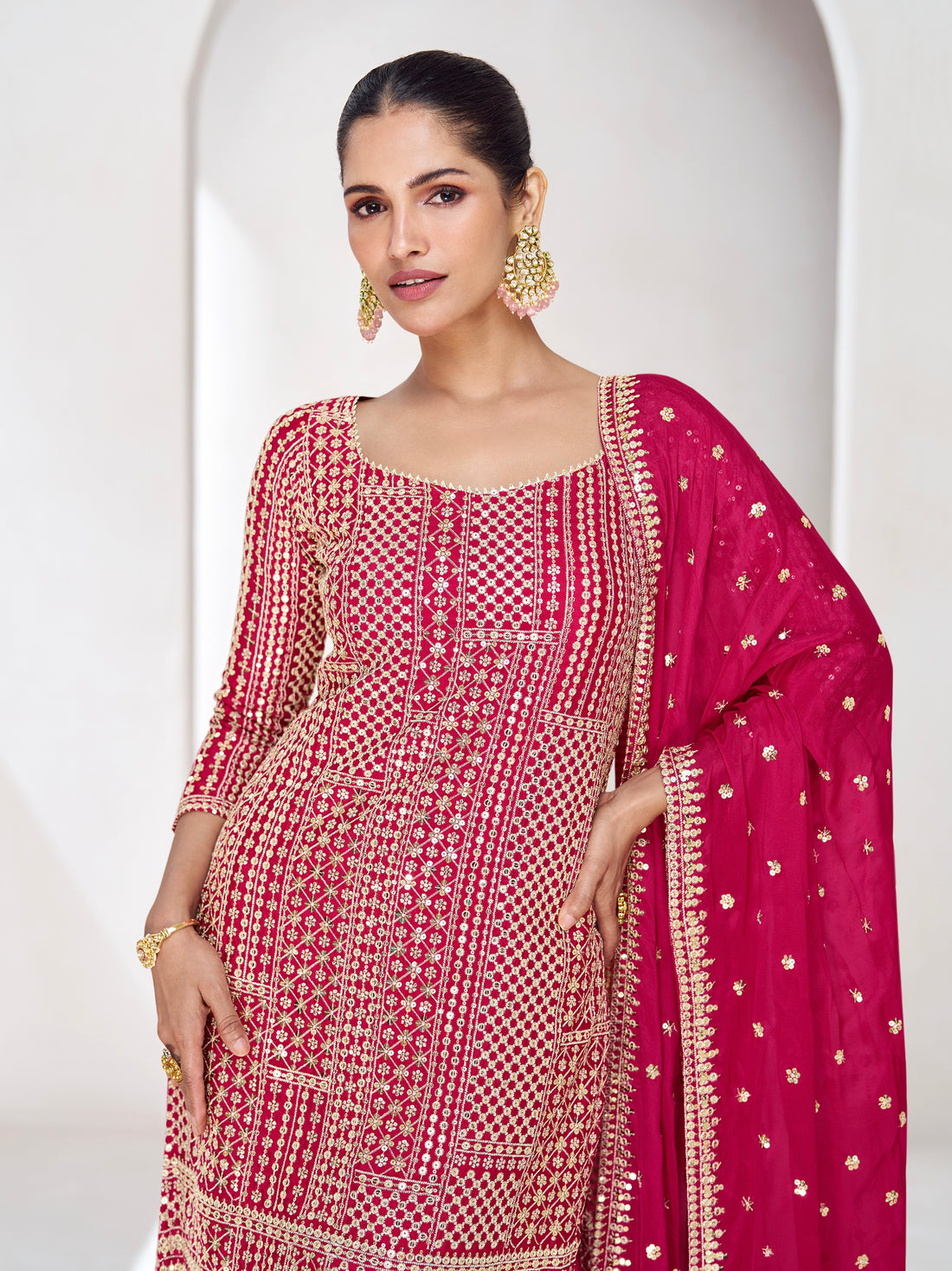 Rani Pink Embroidered Premium Chinnon Silk Sharara Suit