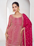 Rani Pink Embroidered Premium Chinnon Silk Sharara Suit