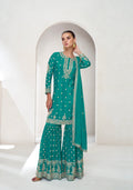 Turquoise Green Embroidered Premium Chinnon Silk Sharara Suit