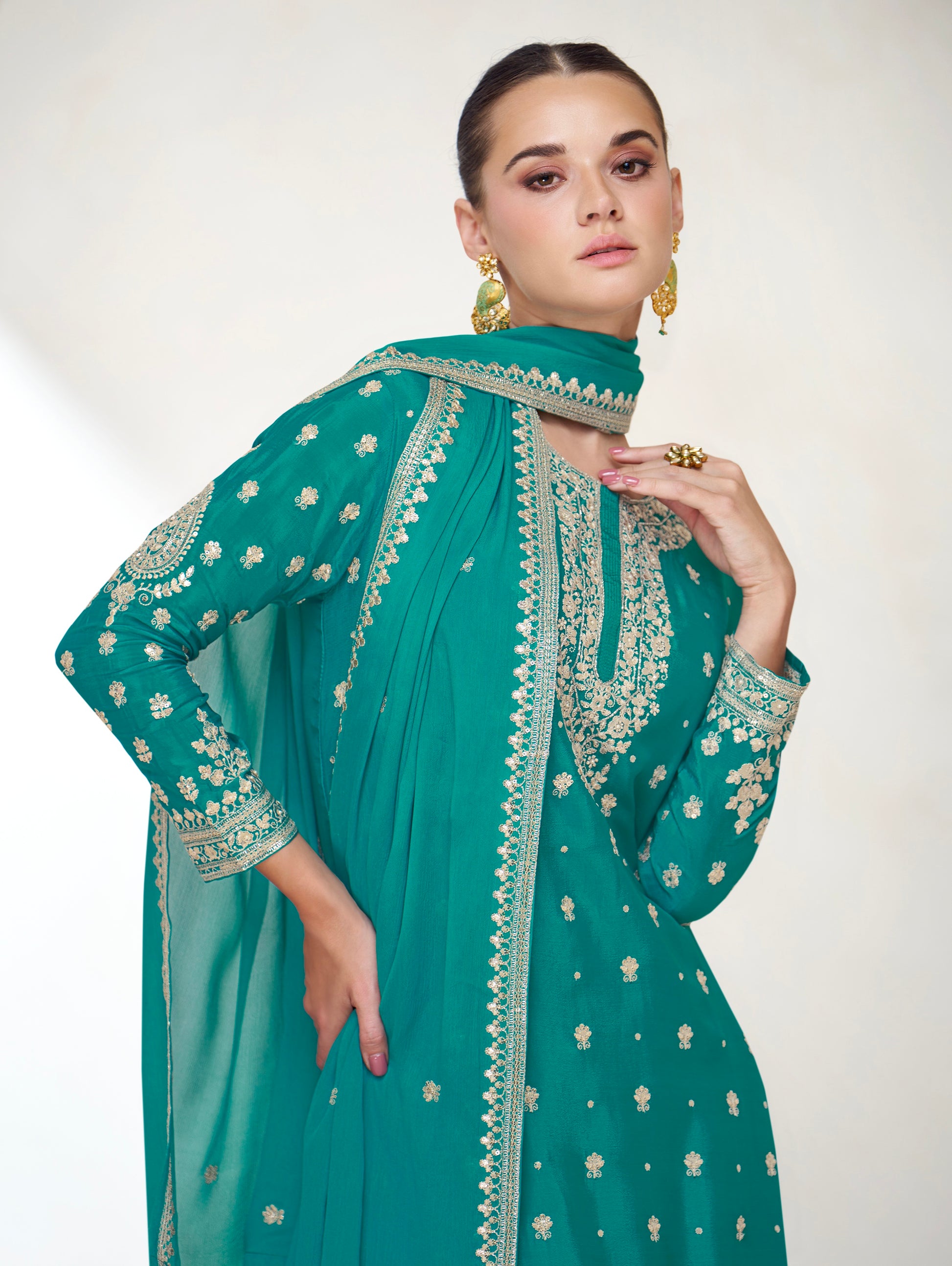 Turquoise Green Embroidered Premium Chinnon Silk Sharara Suit