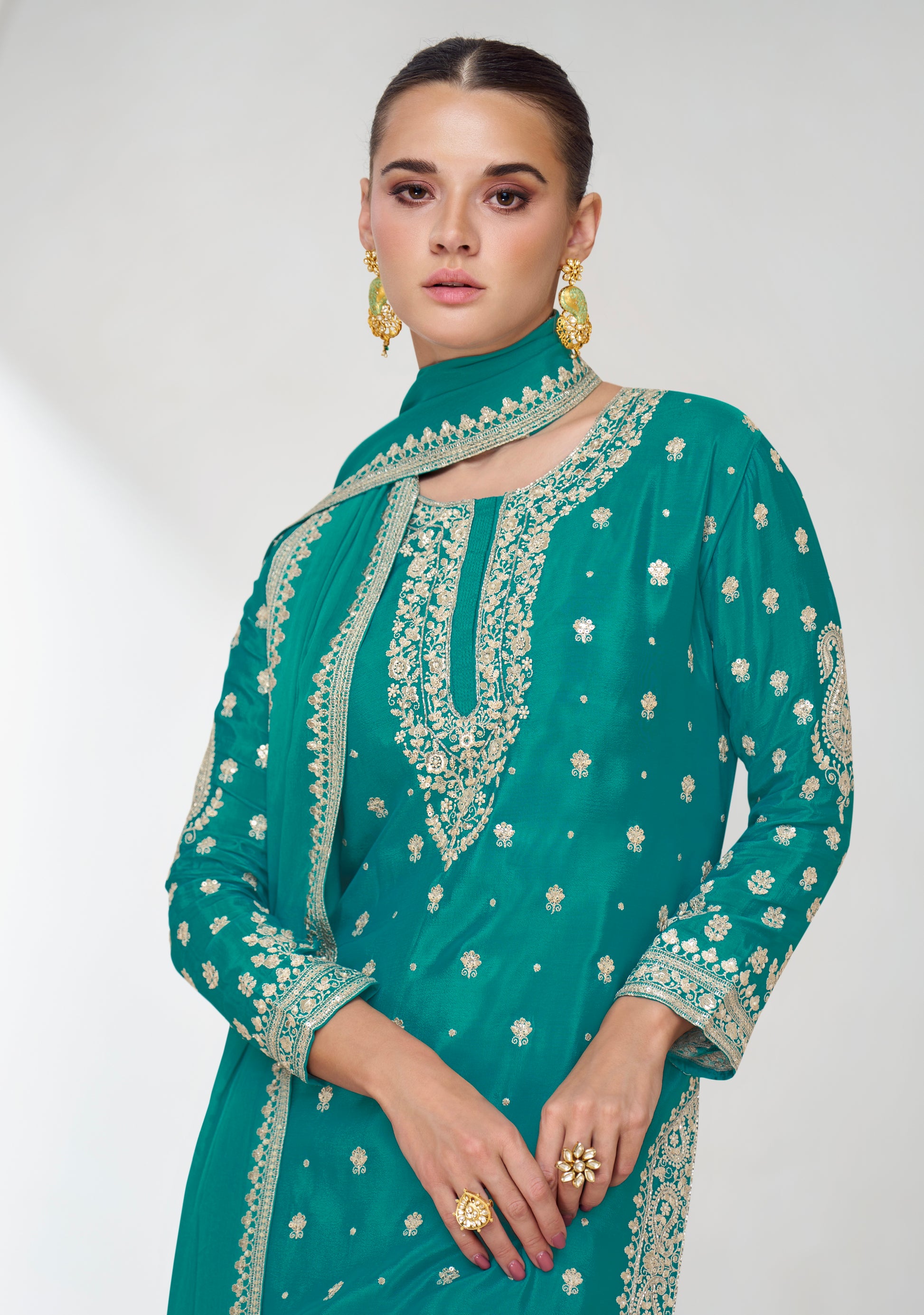 Turquoise Green Embroidered Premium Chinnon Silk Sharara Suit