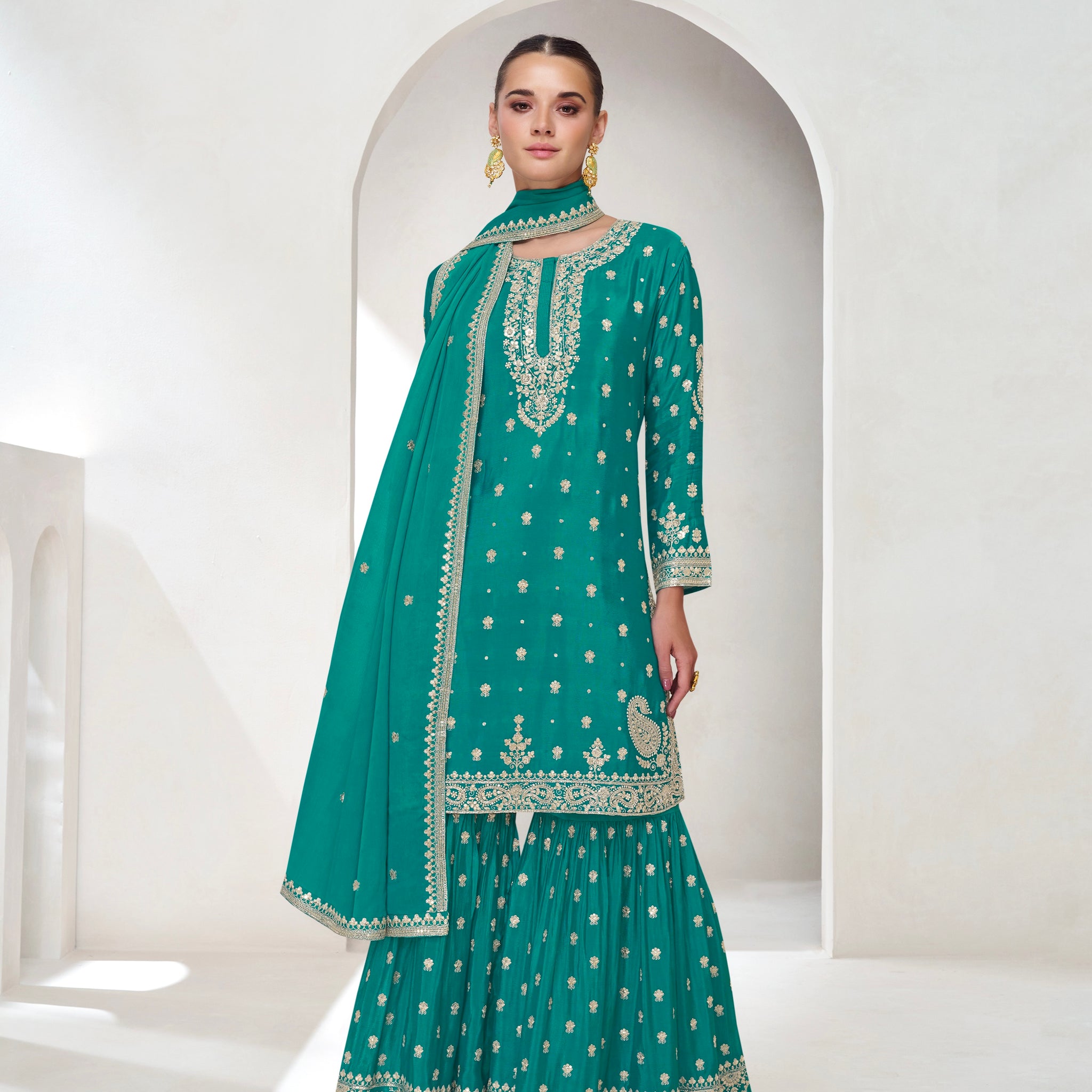 Turquoise Green Embroidered Premium Chinnon Silk Sharara Suit