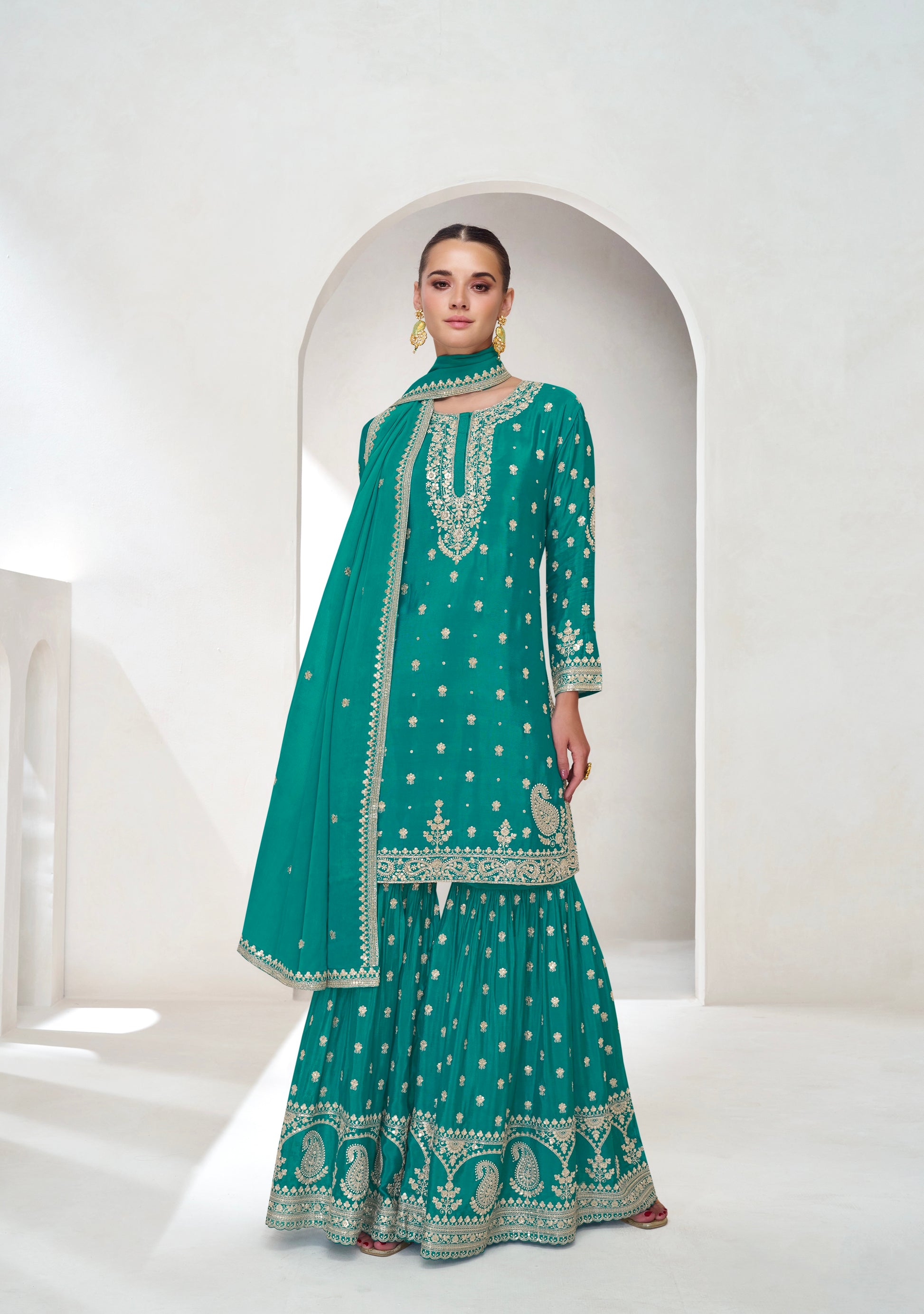 Turquoise Green Embroidered Premium Chinnon Silk Sharara Suit