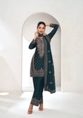 Midnight Blue Embroidered Premium Chinnon Silk Palazzo Suit