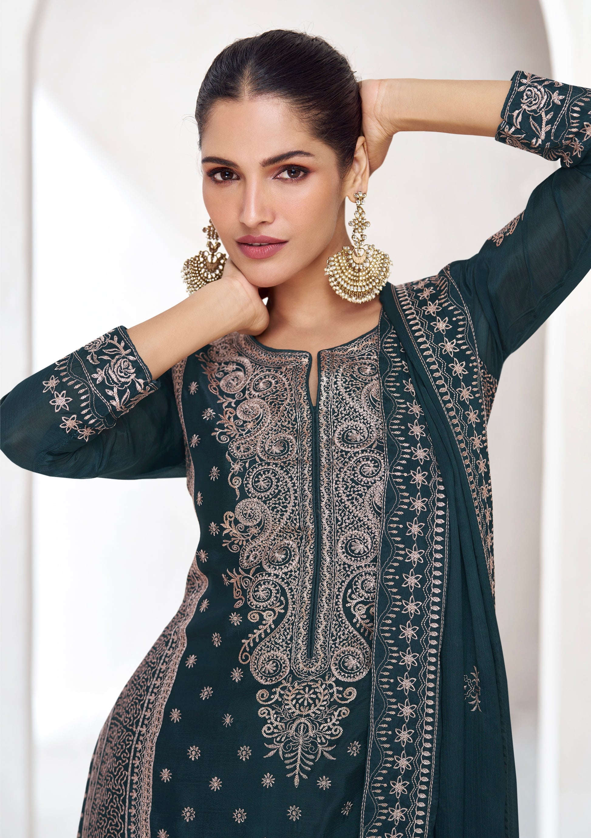 Midnight Blue Embroidered Premium Chinnon Silk Palazzo Suit