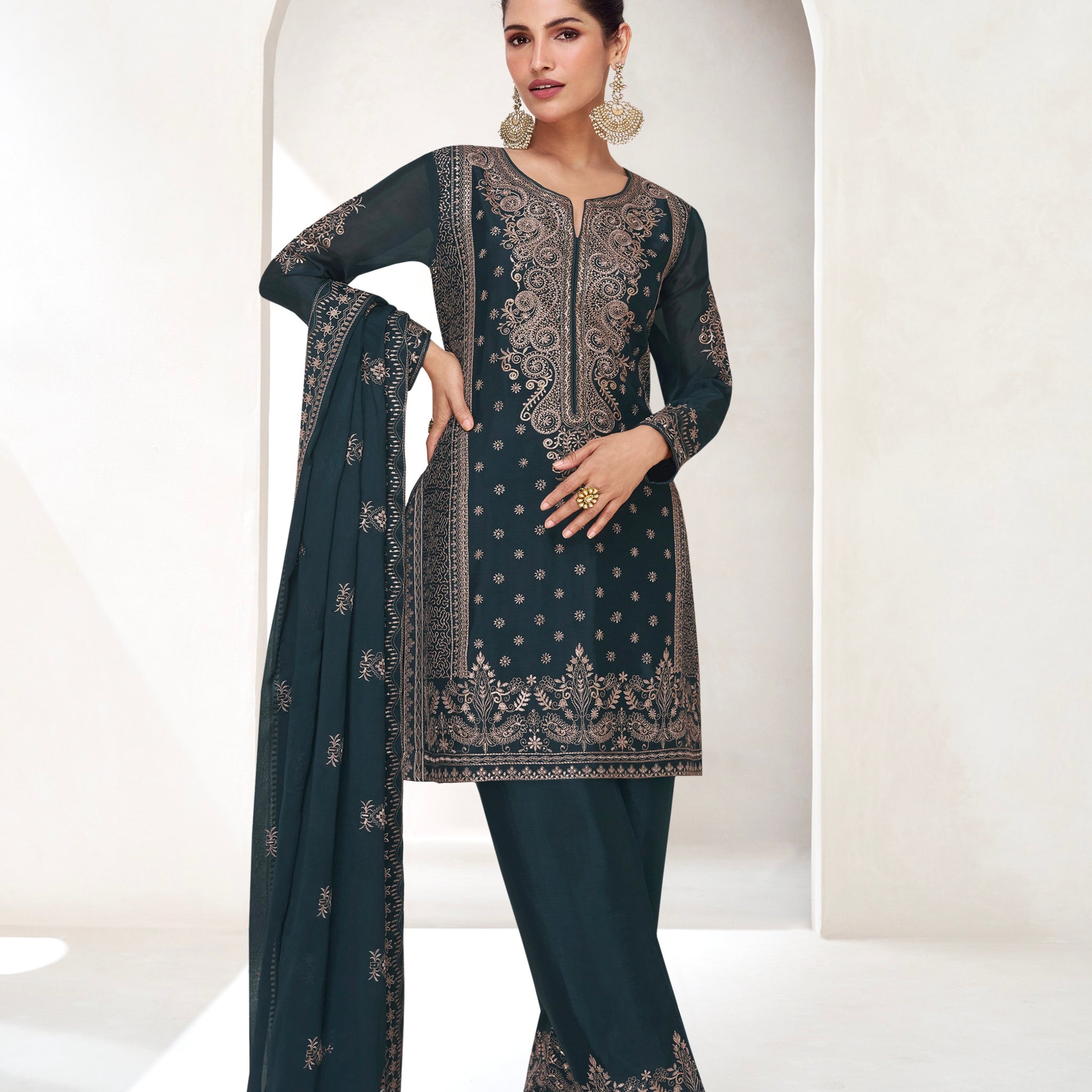 Midnight Blue Embroidered Premium Chinnon Silk Palazzo Suit