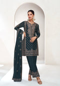 Midnight Blue Embroidered Premium Chinnon Silk Palazzo Suit