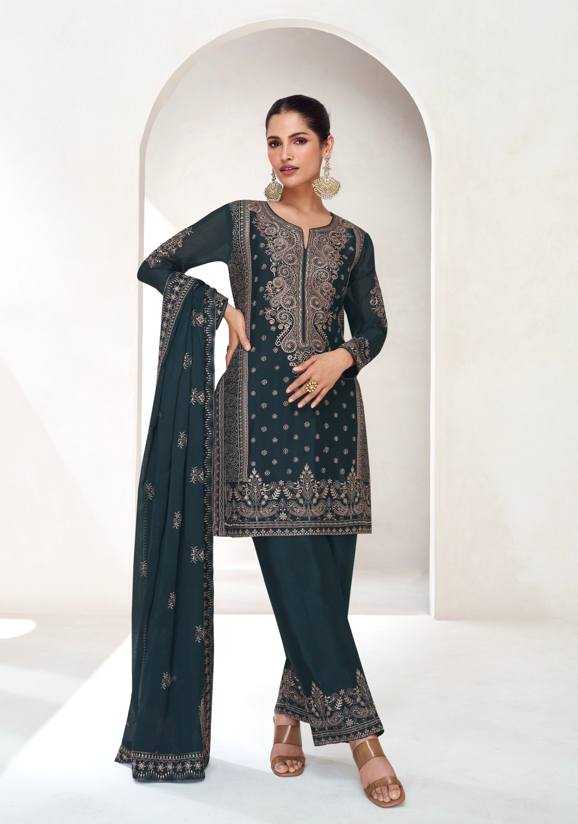 Midnight Blue Embroidered Premium Chinnon Silk Palazzo Suit