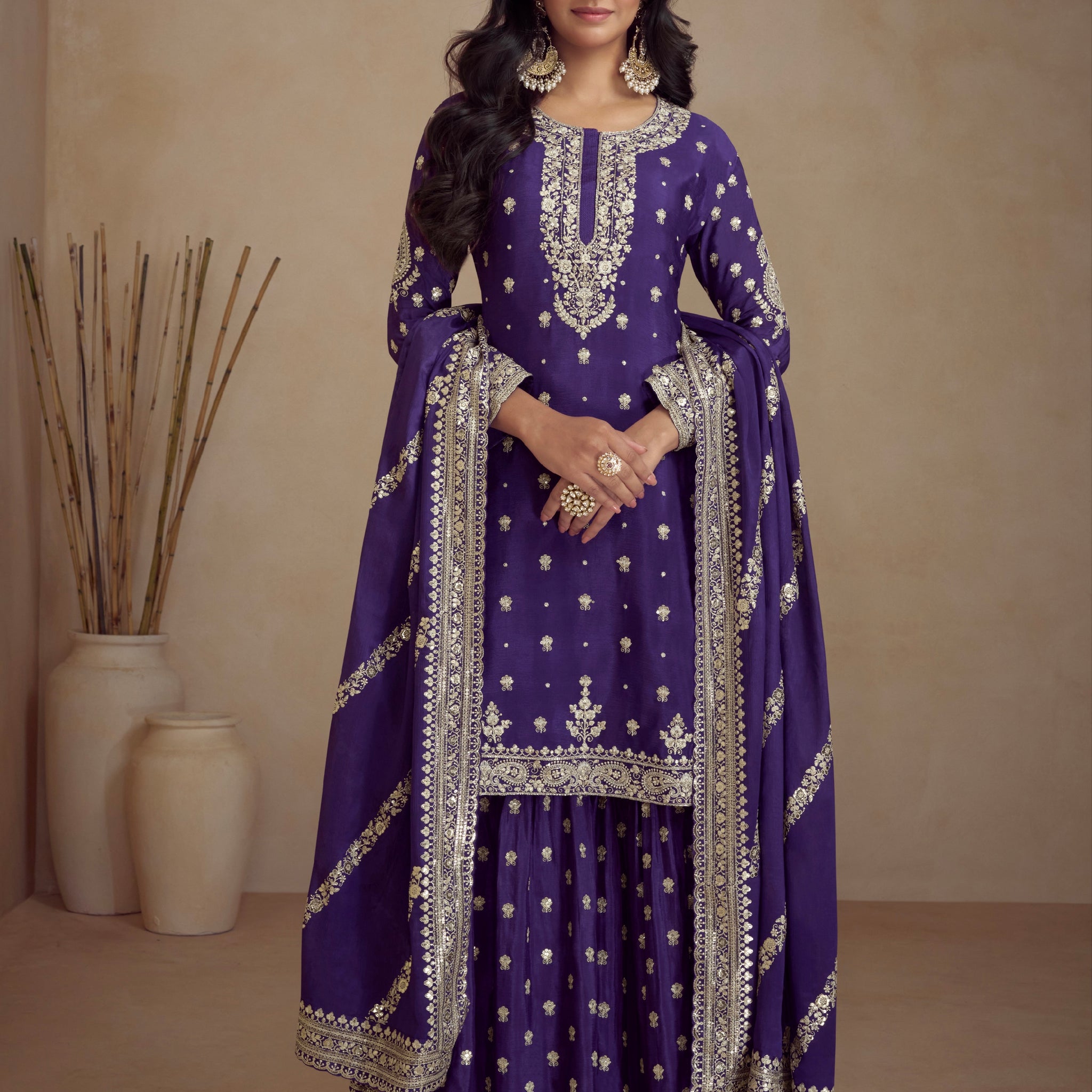 Purple Real Chinon Palazzo Suit with Embroidery