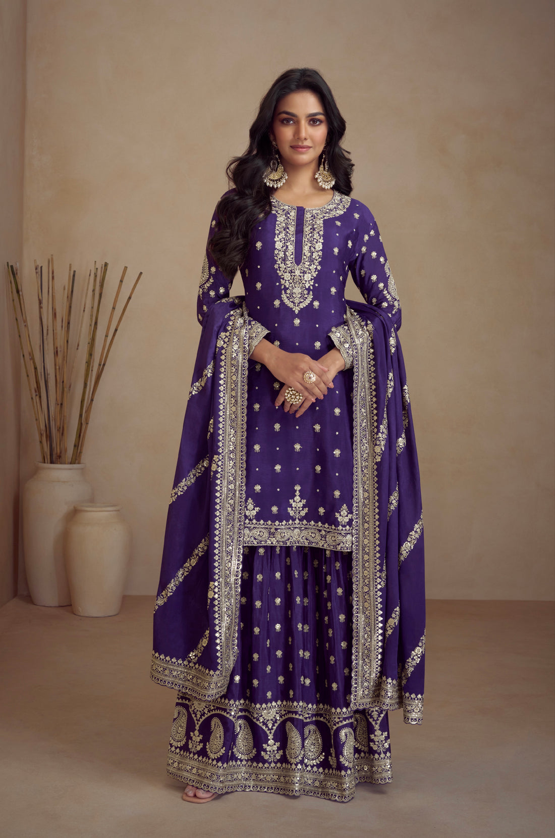 Purple Real Chinon Palazzo Suit with Embroidery