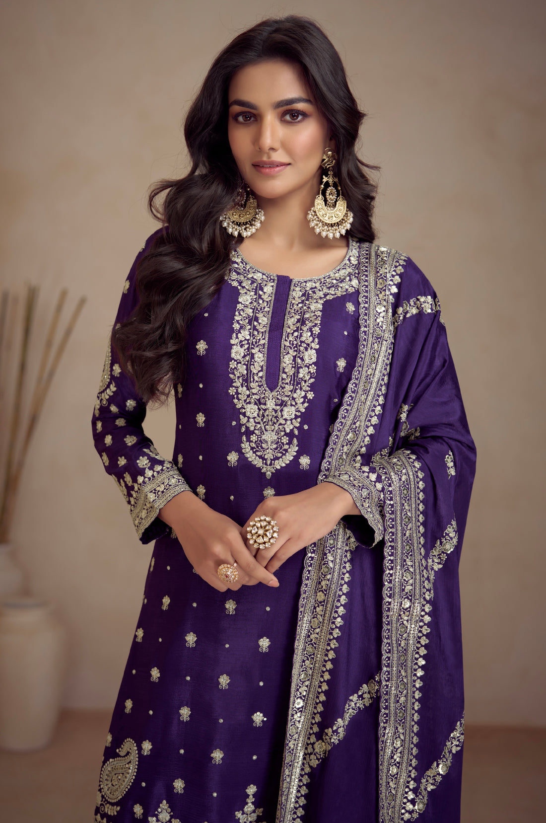 Purple Real Chinon Palazzo Suit with Embroidery