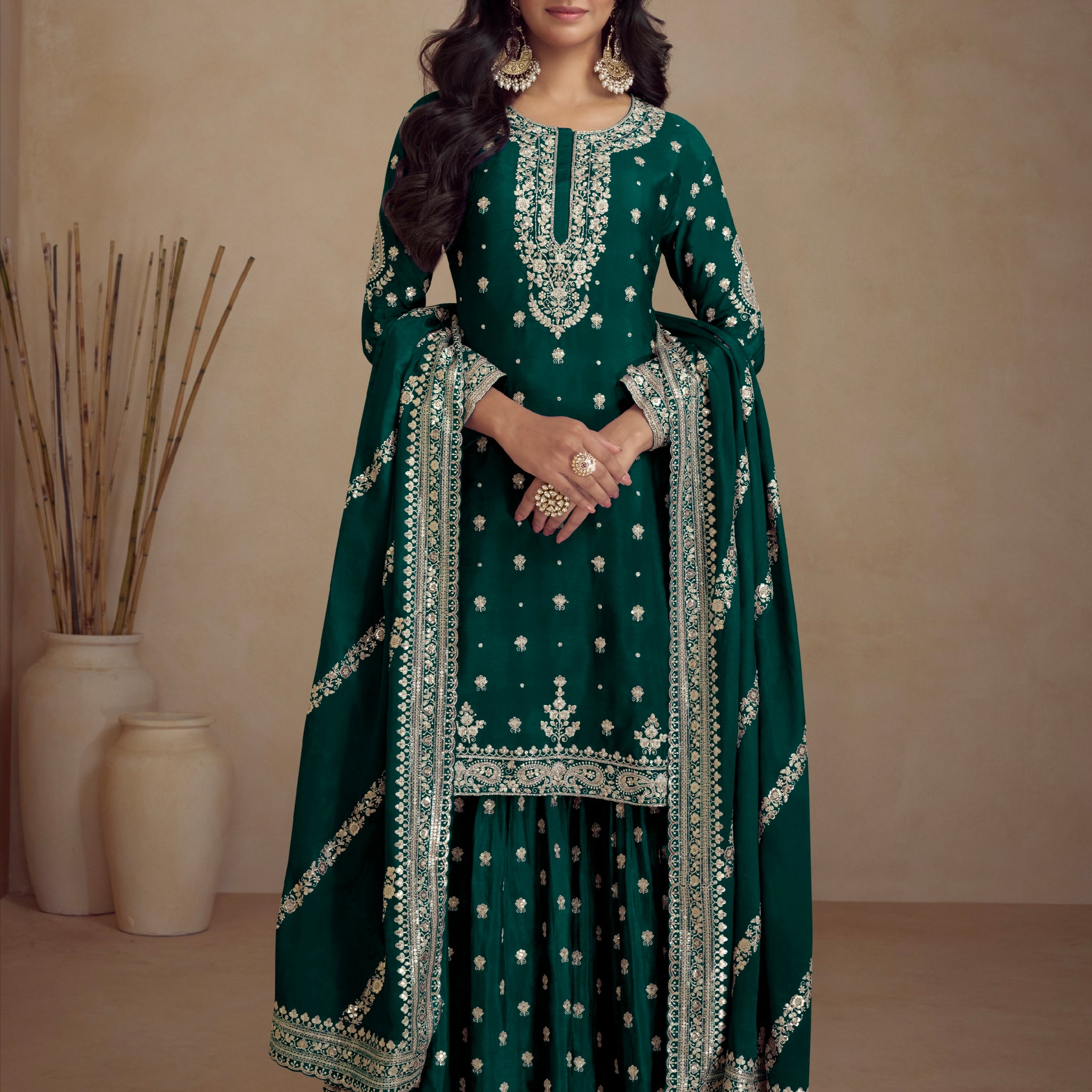 Green Real Chinon Palazzo Suit with Embroidery