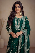 Green Real Chinon Palazzo Suit with Embroidery