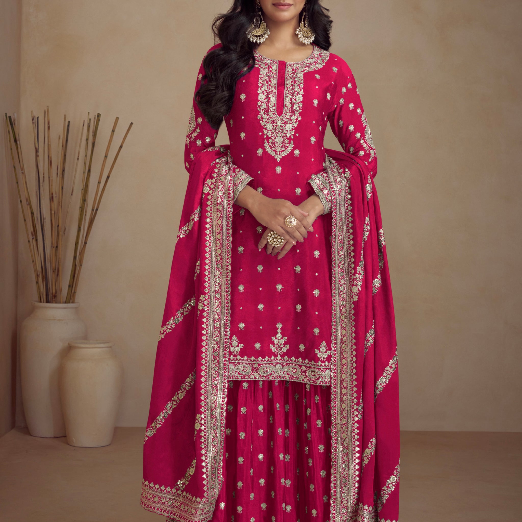 Pink Real Chinon Palazzo Suit with Embroidery