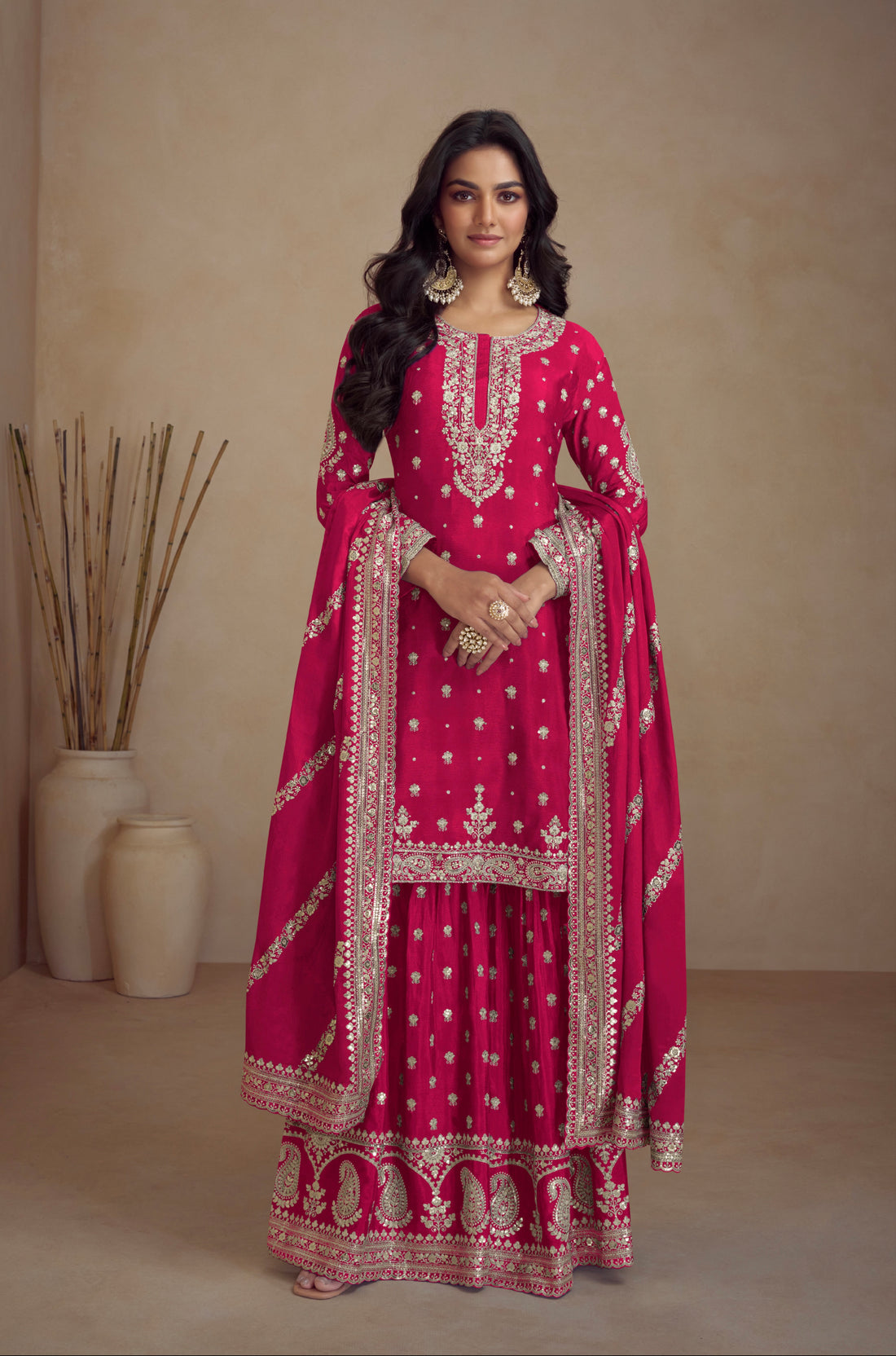 Pink Real Chinon Palazzo Suit with Embroidery