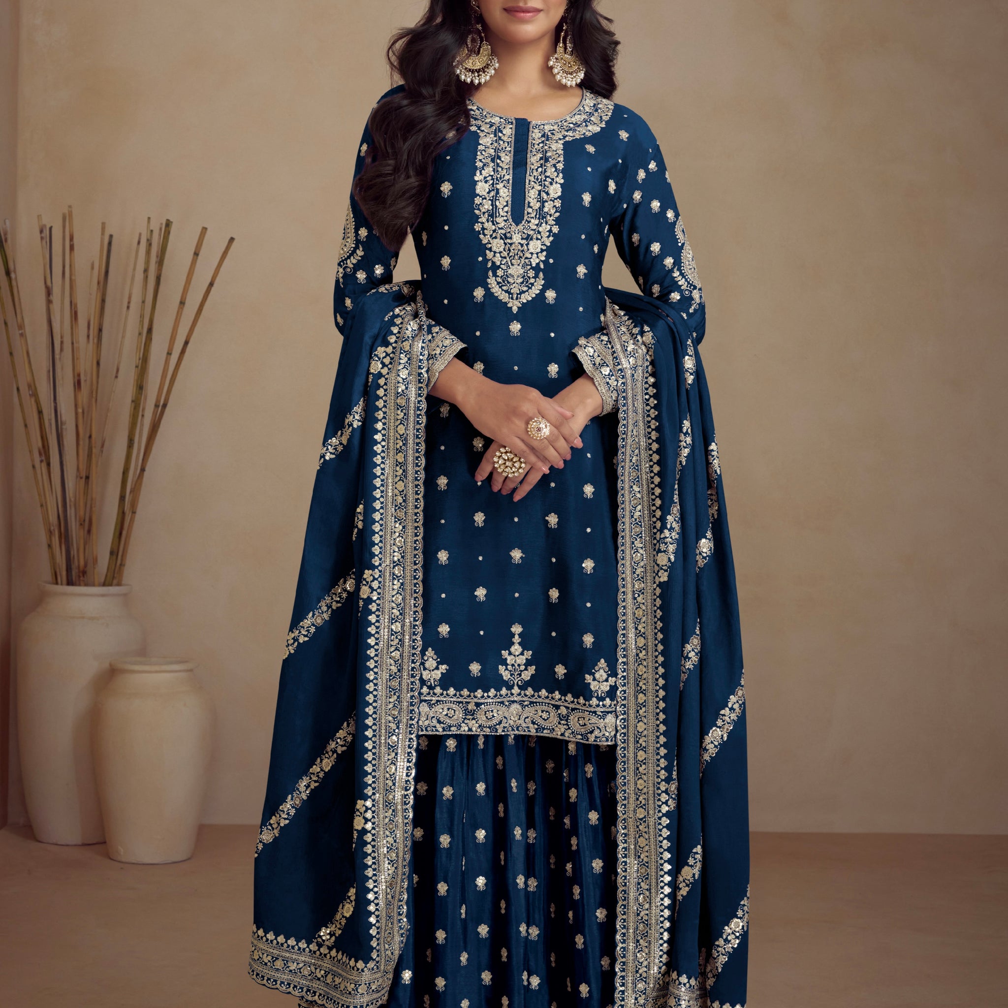 Navy Blue Real Chinon Palazzo Suit with Embroidery