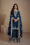 Navy Blue Real Chinon Palazzo Suit with Embroidery